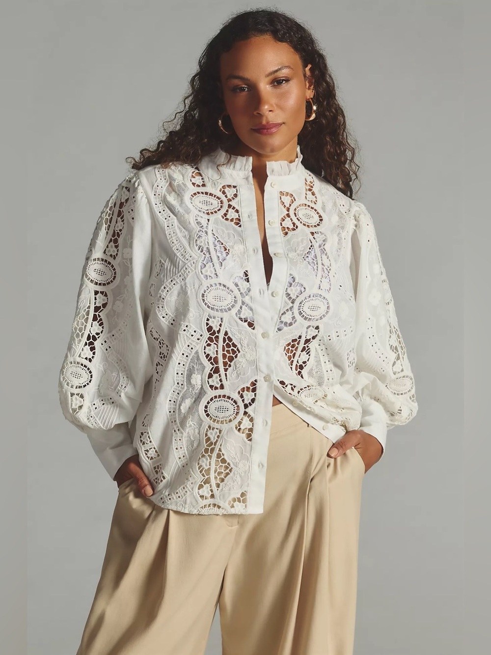 NWT Anthropologie Forever That Girl White Lace Cutwork Button up Blouse Size M